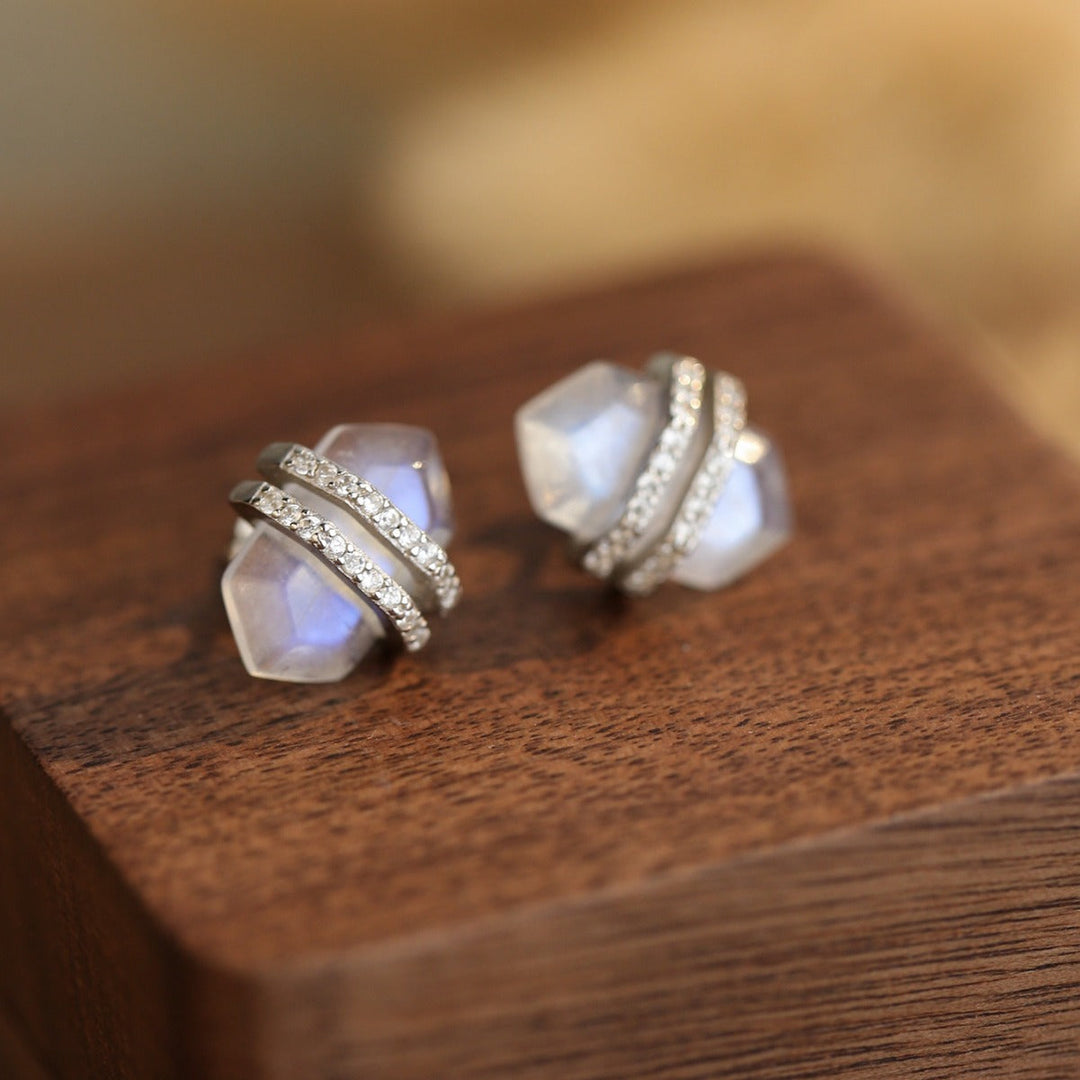 Unique Design Moon Stone Sterling Silver Stud Earrings Carly Jewelry