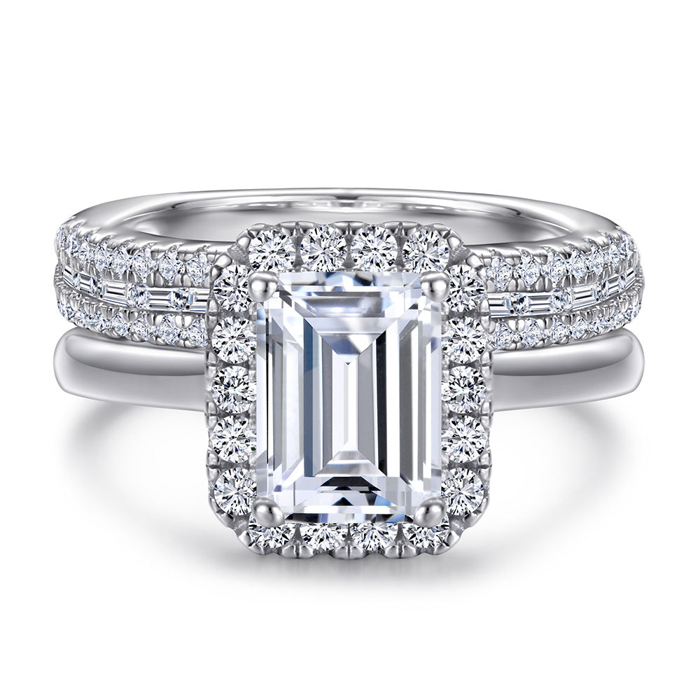2PCS 2.0ct Emerald Cut Halo Engagement Ring Set in Sterling Silver shine of diamond