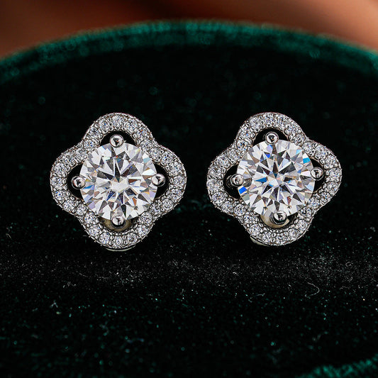 Moissanite Clover Halo Stud Earrings in 925 Sterling Silver Shine of Diamond