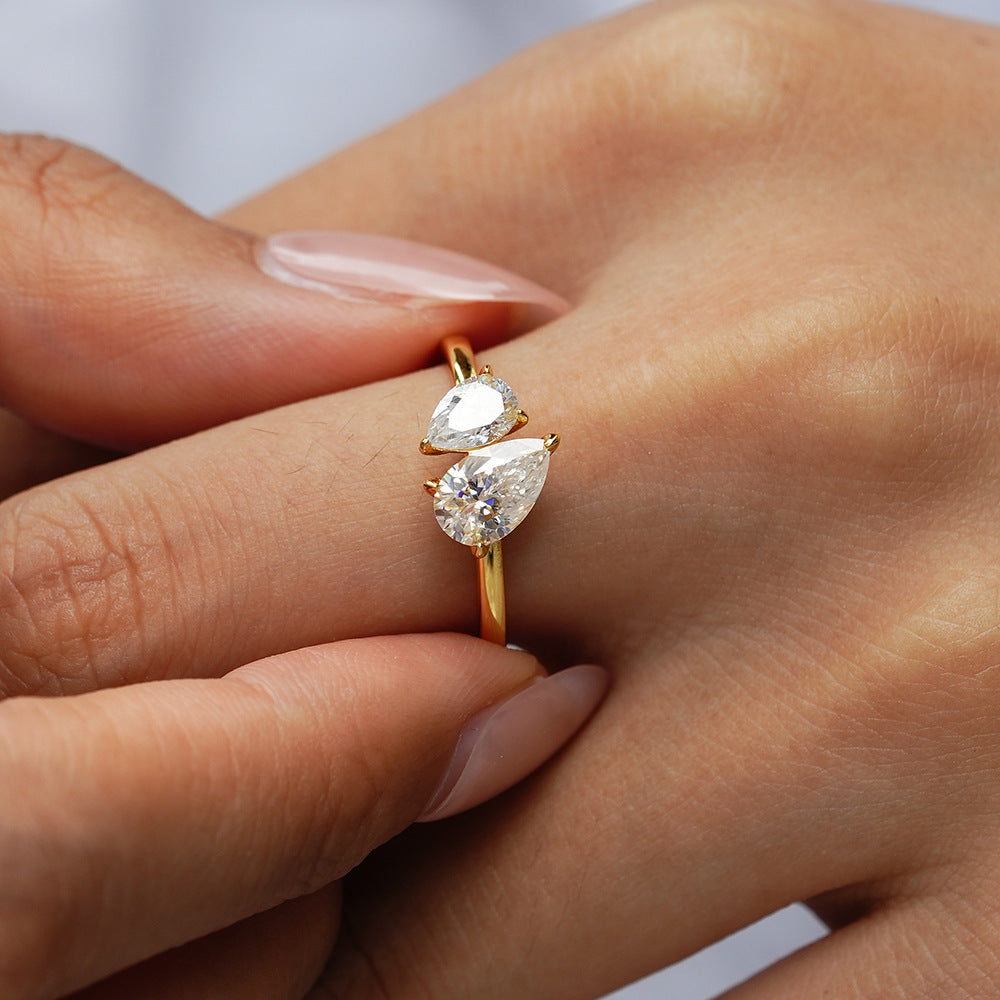 Simple Double Stone 925 Sterling Silver Ring Shine of Diamond