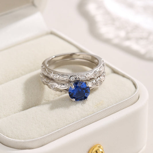 Vintage 2 Pcs Blue Round Cut Ring Set Shine of Diamond