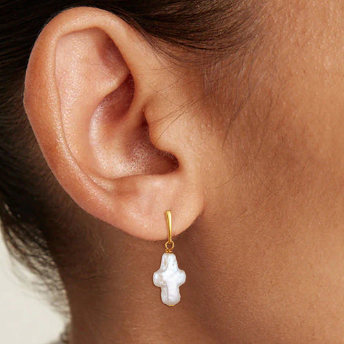 Cross Shape Pearl Drop Earrings Shine of Diamond