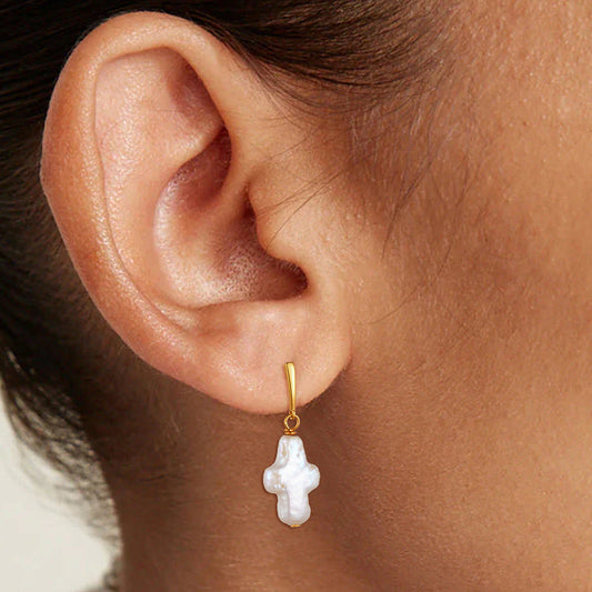 Cross Shape Pearl Drop Earrings Shine of Diamond