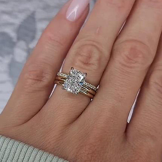 3PCS Radiant Cut Sterling Silver Wedding Bridal Set In Golden Tone Shineofdiamond