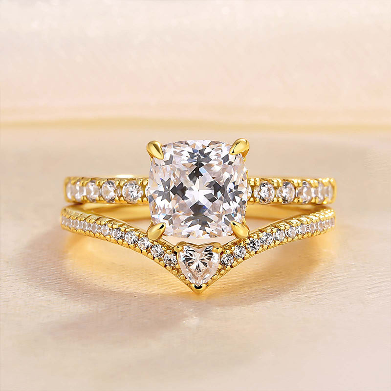 Luxurious Golden Tone Cushion Cut Sterling Silver Wedding Bridal Set Shineofdiamond