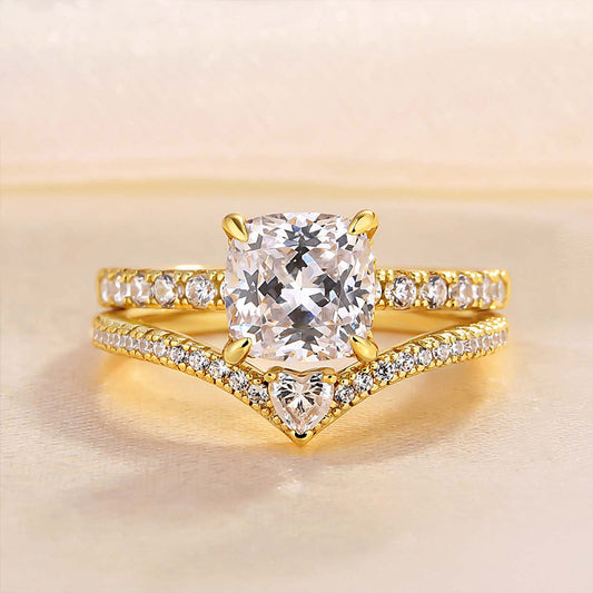 Luxurious Golden Tone Cushion Cut Sterling Silver Wedding Bridal Set Shineofdiamond