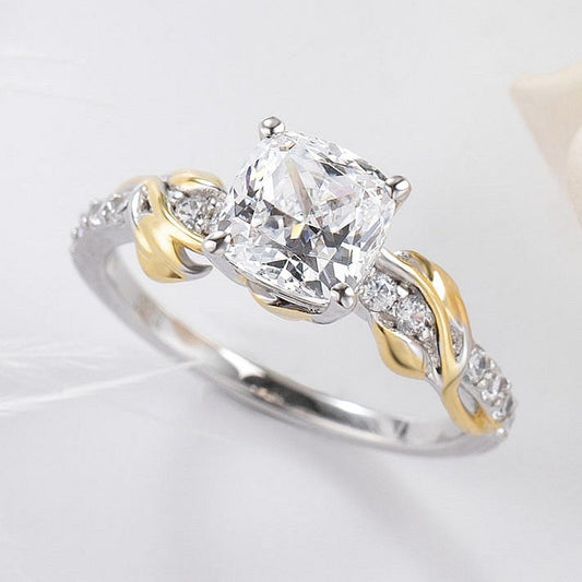 Vine Cushion Cut Golded Two-Tone Sterling Silver Engagement Ring Shineofidamond