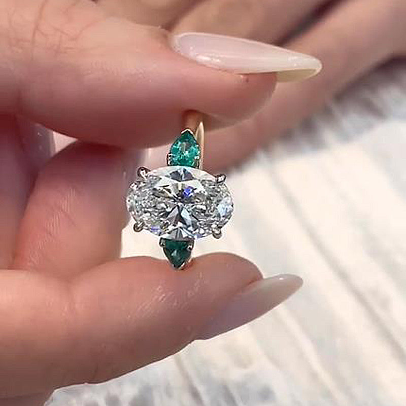 Vintage Two-Tone Oval Cut Three Stone Sterling Silver Engagement Ring Shineofidamond