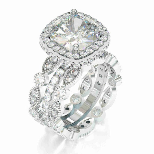 3PCS Halo Cushion Cut Wedding Bridal Set In Sterling Silver Shineofdiamond