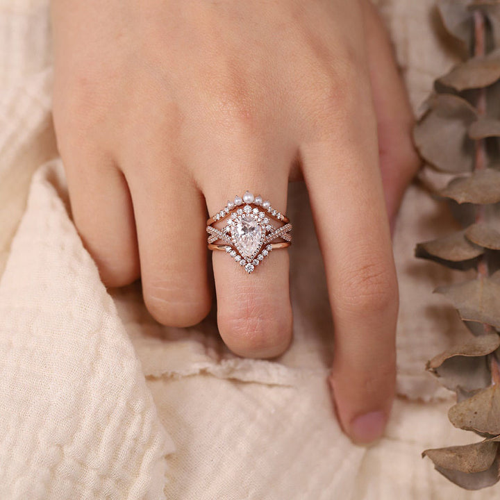 Rose Golden Tone Halo Pear Cut Twisted Curved Sterling Silver Bridal Set shine of diamond