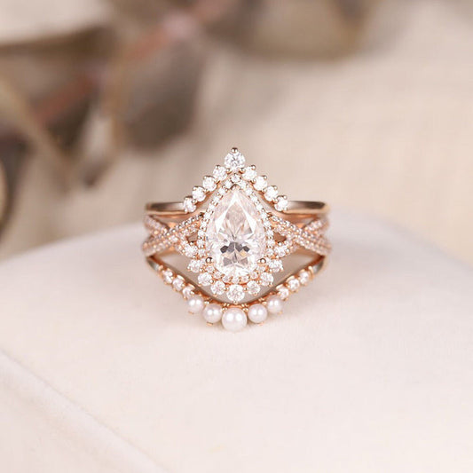 Rose Golden Tone Halo Pear Cut Twisted Curved Sterling Silver Bridal Set shine of diamond