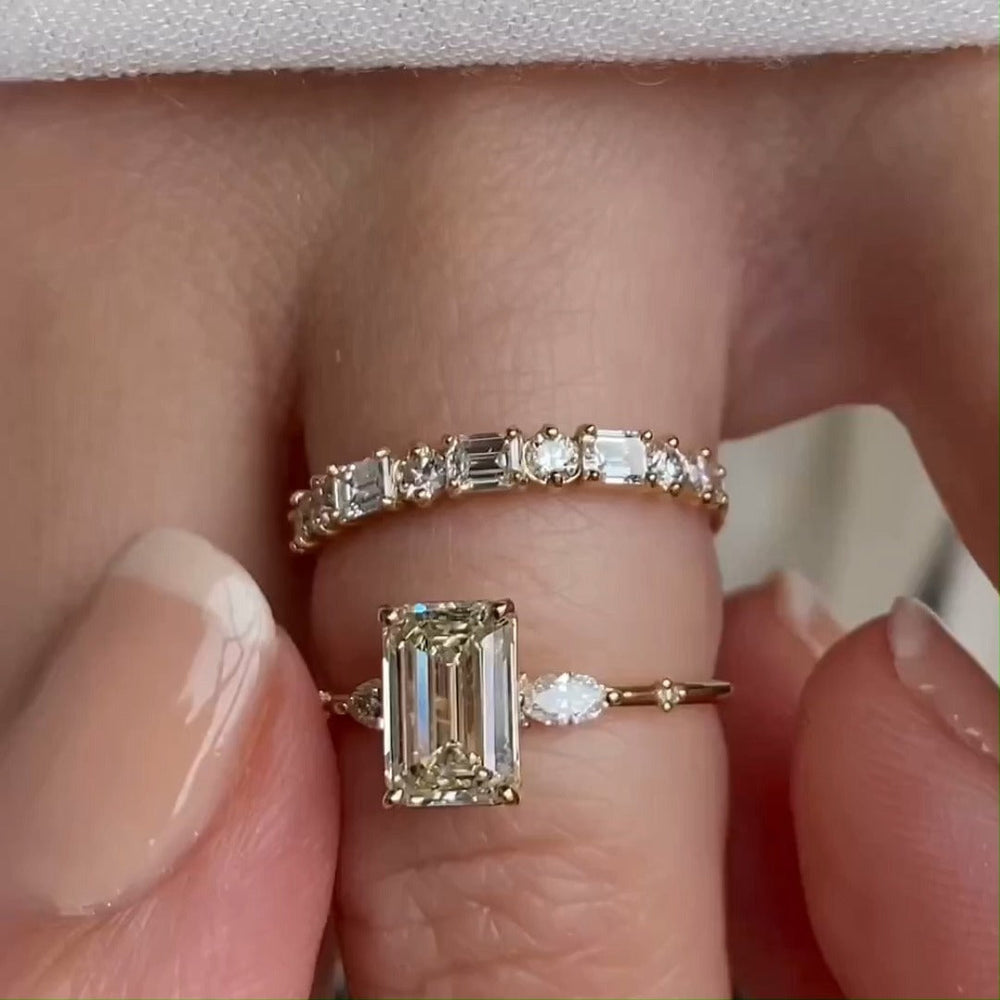 2pcs Luxurious Golden Tone Emerald Cut Three Stone Sterling Silver Bridal Set Shineofdiamond