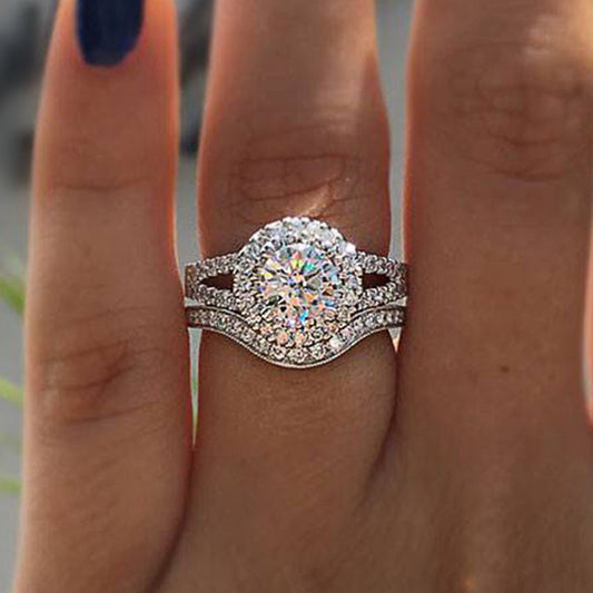 Sale | 2pcs Halo Round Cut Split Shank Bridal Set Rings in Sterling Silver Shineofdiamond