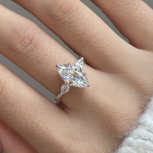 Dainty Three Stone Marquise Cut Sterling Silver Engagement Ring Shineofdiamond