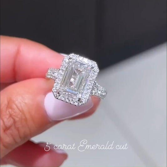 Gorgeous Halo Split Shank Emerald Cut Sterling Silver Engagement Ring shineofdiamond