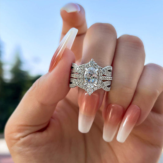 Oval Cut Halo Bridal Set Ring Insert In Sterling Silver shineofdiamond