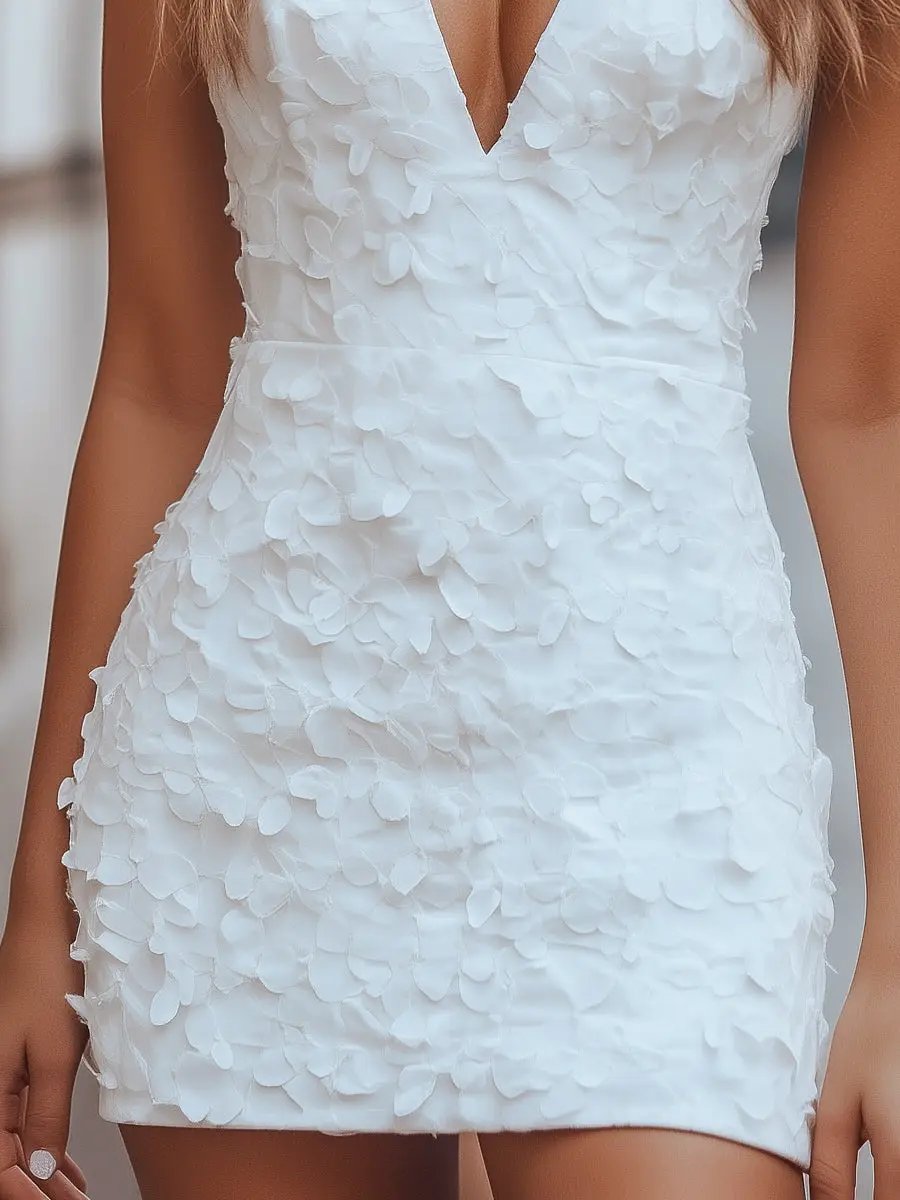 Petal-Textured V-Neck Floral Detail - Mini Dress CASA LARO