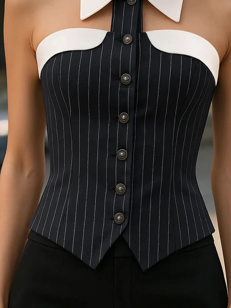 Pinstripe Button-Front With Contrast Collar - Women's Blouse CAAYWORLD