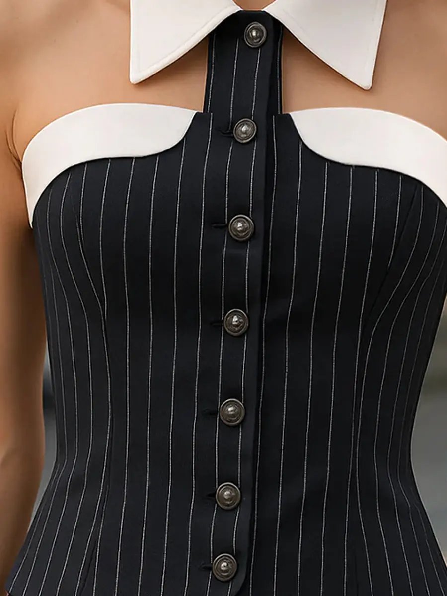 Pinstripe Button-Front With Contrast Collar - Women's Blouse CAAYWORLD