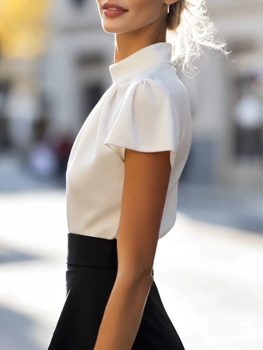 Pleated High-Neck Satin Long-Sleeve Officewear - Blouse CASA LARO