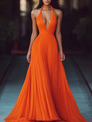 Pleated V-Neck Halter Flowy Sleeveless - Maxi Dress CASA LARO