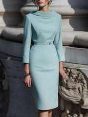 Powder Blue Draped Collar Pencil Cut - Midi Dress CASA LARO