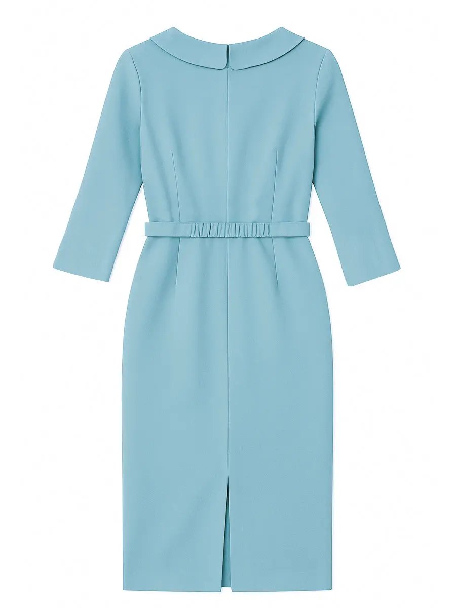 Powder Blue Draped Collar Pencil Cut - Midi Dress CASA LARO