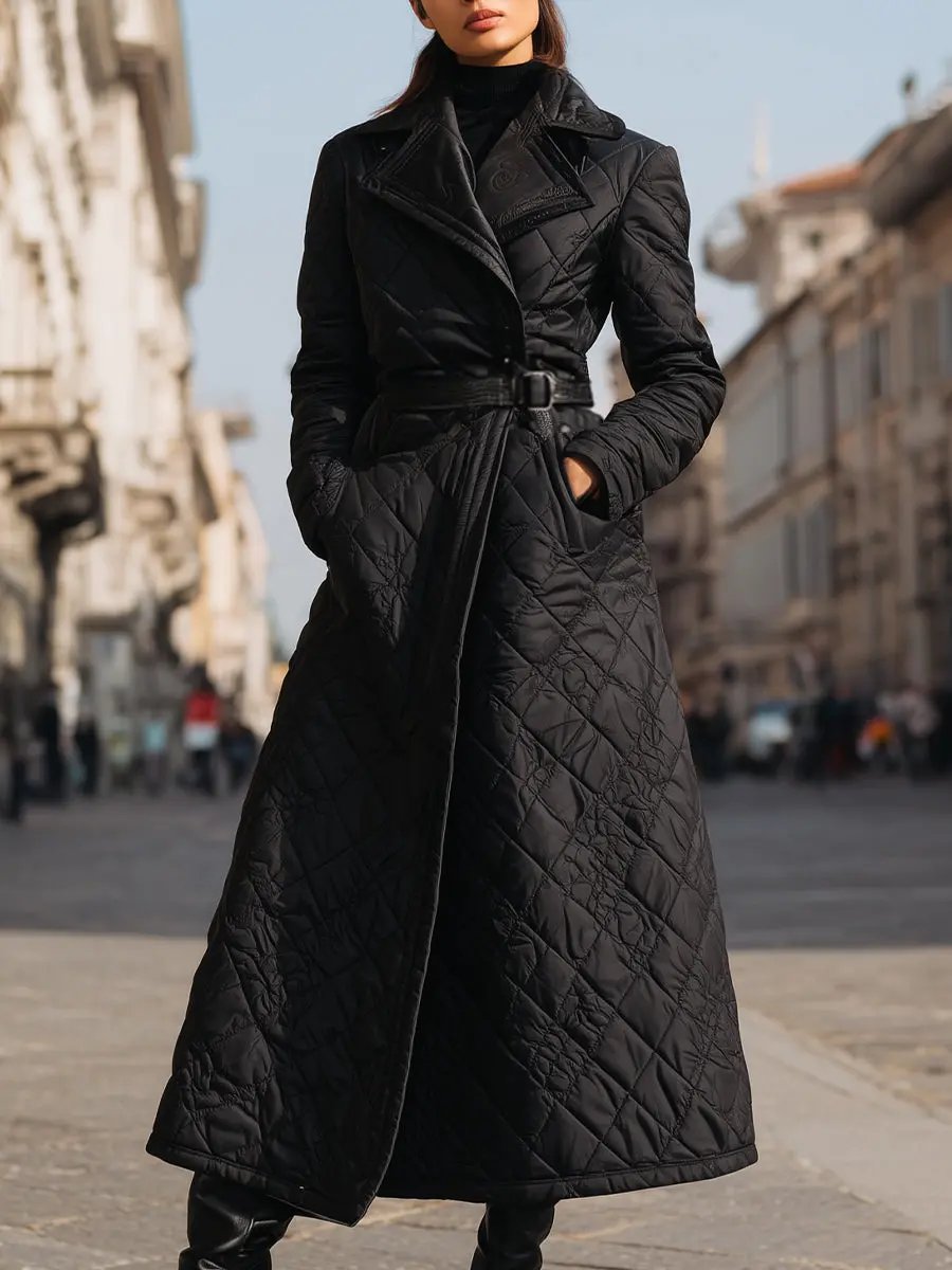 Quilted Longline Belted Winter Coat - Coat CASA LARO