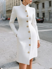 Regal White High-Neck Button Detail - Midi Dress CASA LARO