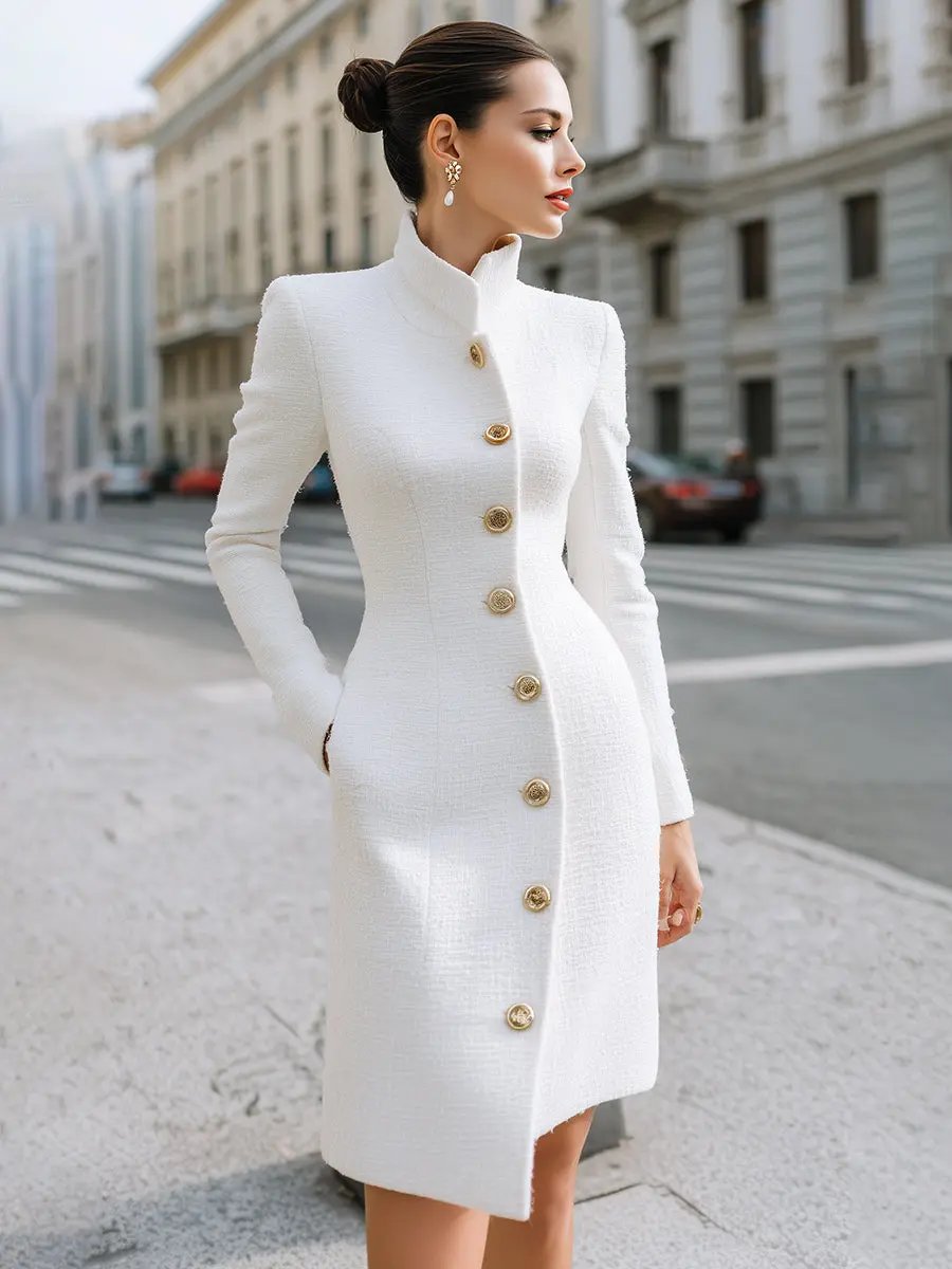 Regal White High-Neck Button Detail - Midi Dress CASA LARO