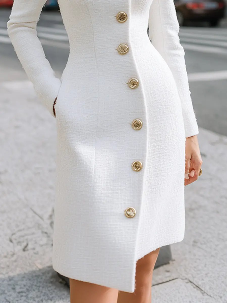 Regal White High-Neck Button Detail - Midi Dress CASA LARO