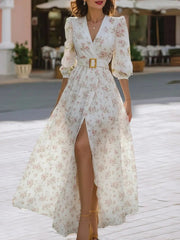 Romantic Floral Chiffon Belted Waist - Maxi Dress CASA LARO