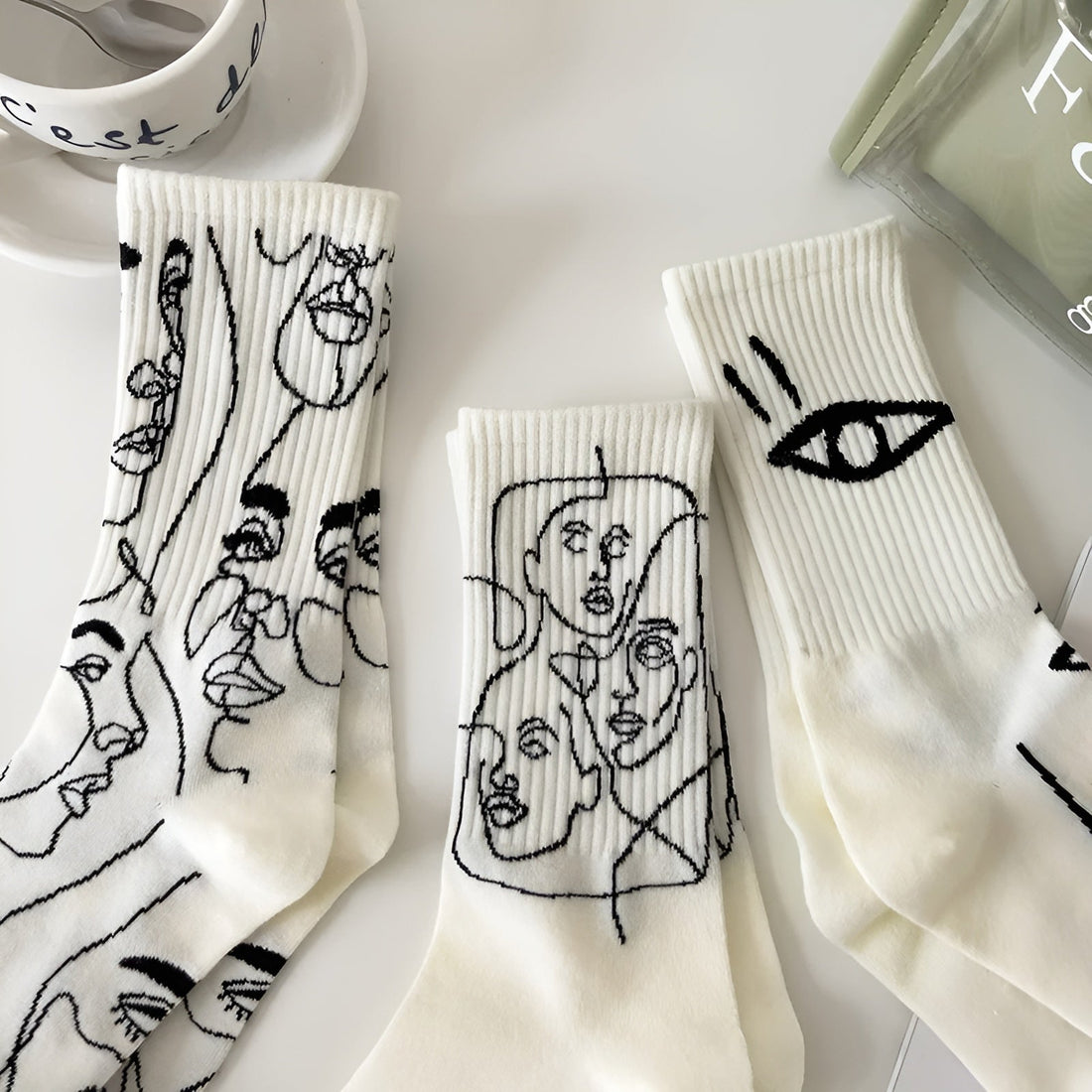 Line Art Cotton Crew - Socks