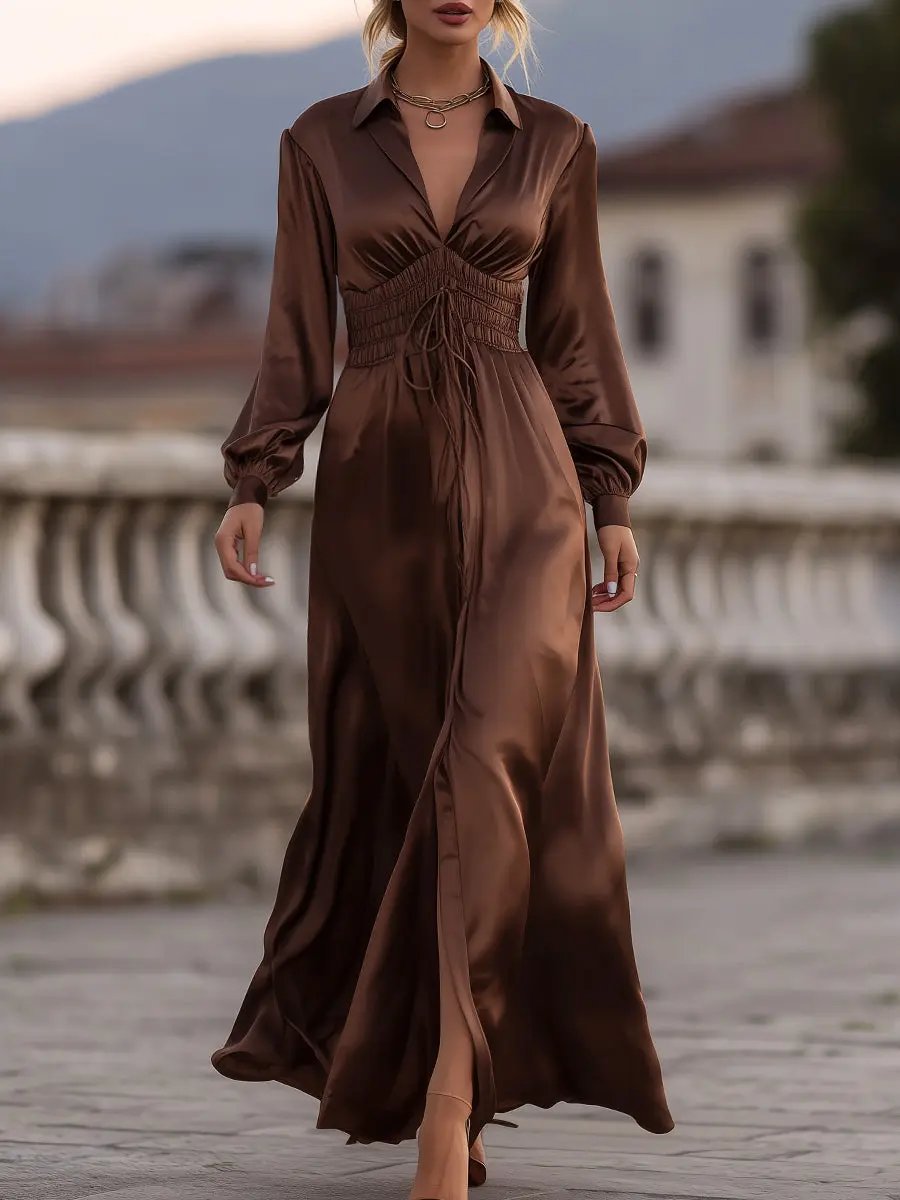 Satin Cinched Waist Mocha Brown - Maxi Dress CASA LARO