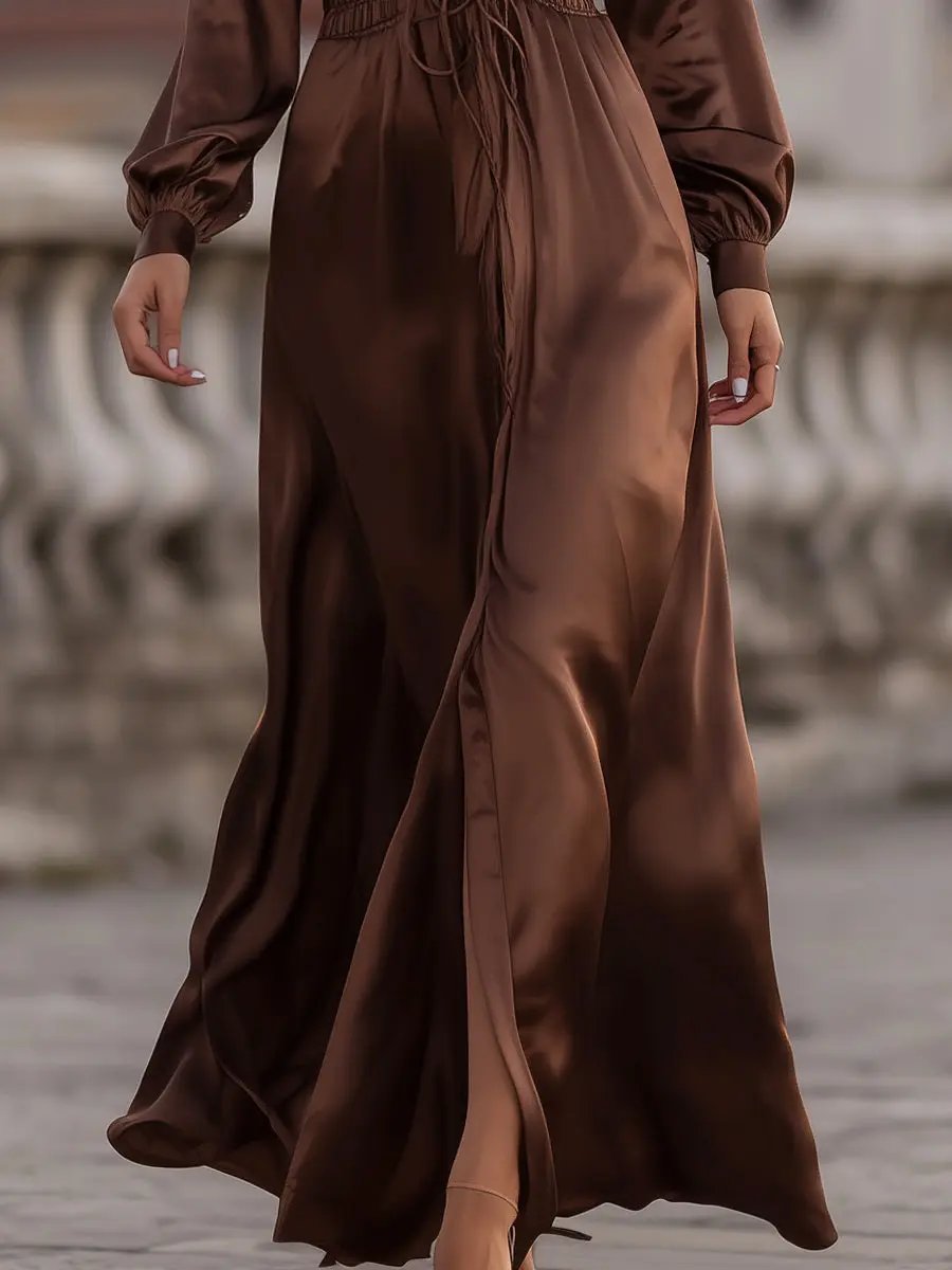 Satin Cinched Waist Mocha Brown - Maxi Dress