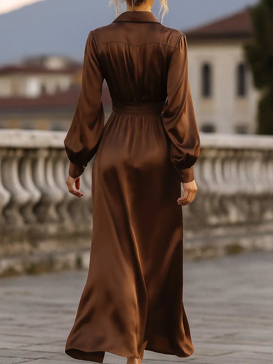 Satin Cinched Waist Mocha Brown - Maxi Dress CASA LARO