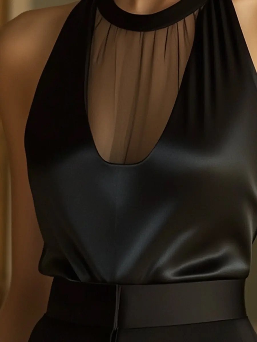 Satin Sheer Panel Halter - Halter Top CASA LARO