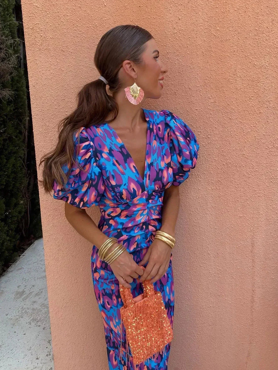 Aurora™ | Vibrant Midi Dress with Puff Sleeves