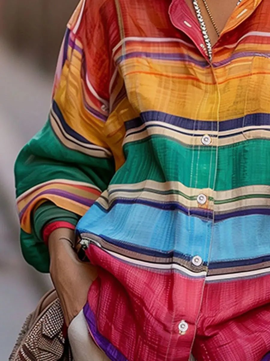 Shirt-Collar Rainbow Stripe Linen Top - Blouse CASA LARO