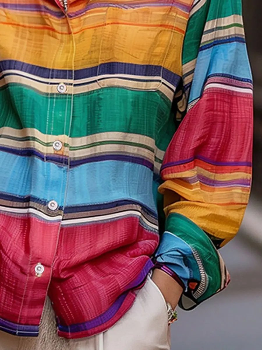 Shirt-Collar Rainbow Stripe Linen Top - Blouse CAAYWORLD