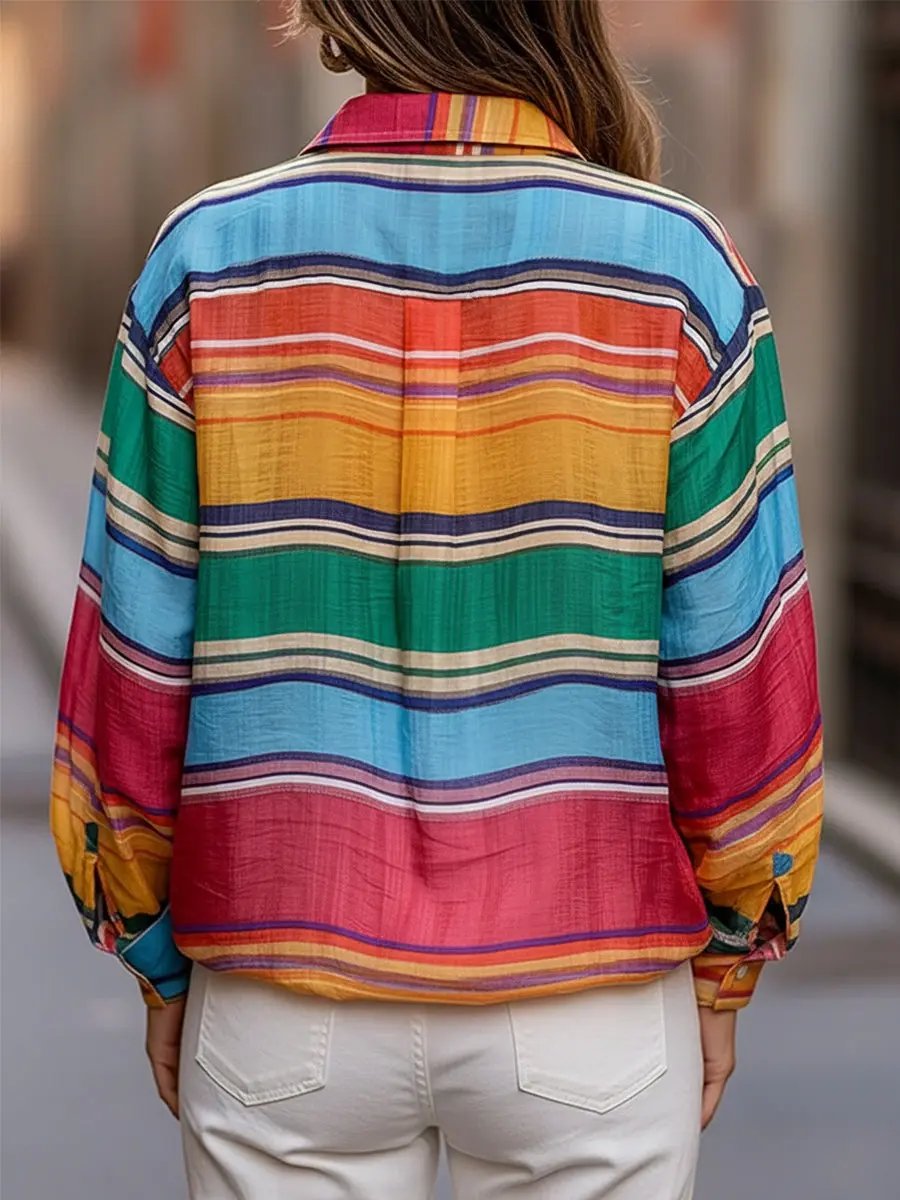 Shirt-Collar Rainbow Stripe Linen Top - Blouse CASA LARO