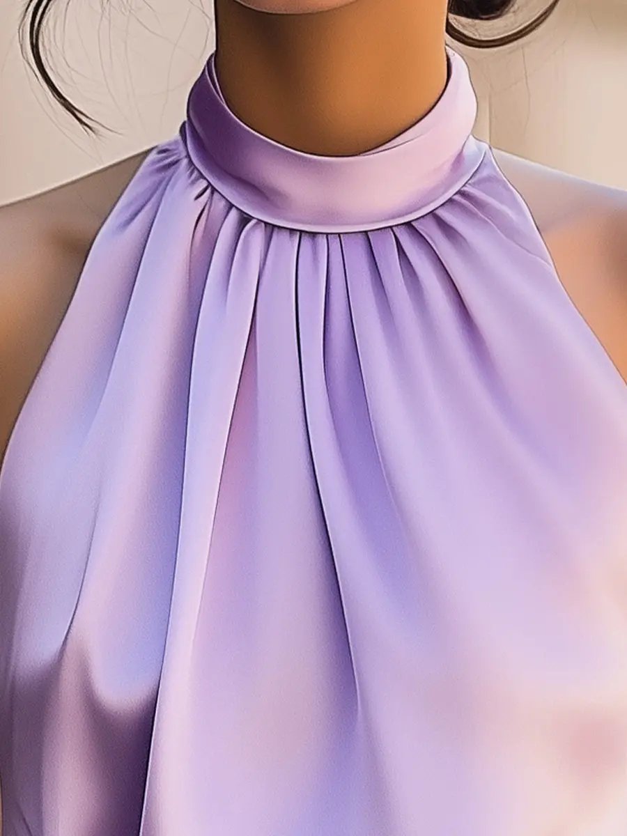 Silky Lavender High-Neck Satin Top - Blouse CASA LARO