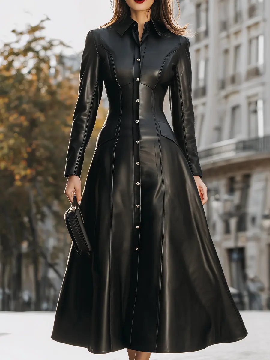Sleek Black Faux Leather Button-Front Shirt Dress - Midi Dress CASA LARO