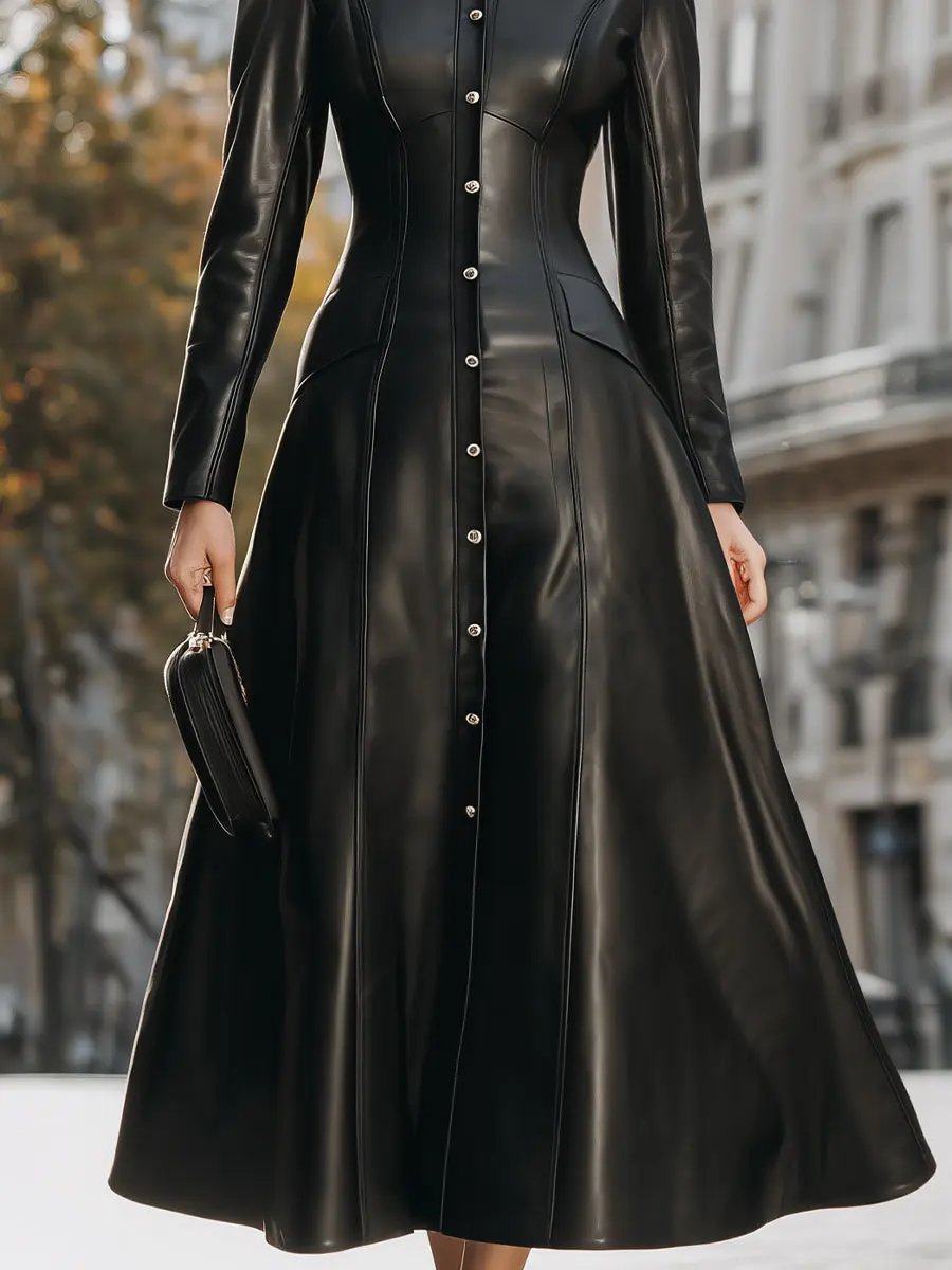 Sleek Black Faux Leather Button-Front Shirt Dress - Midi Dress CASA LARO