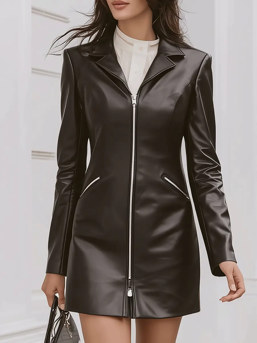 Sleek Black Zip-Front Faux Leather Blazer Style - Mini Dress CASA LARO
