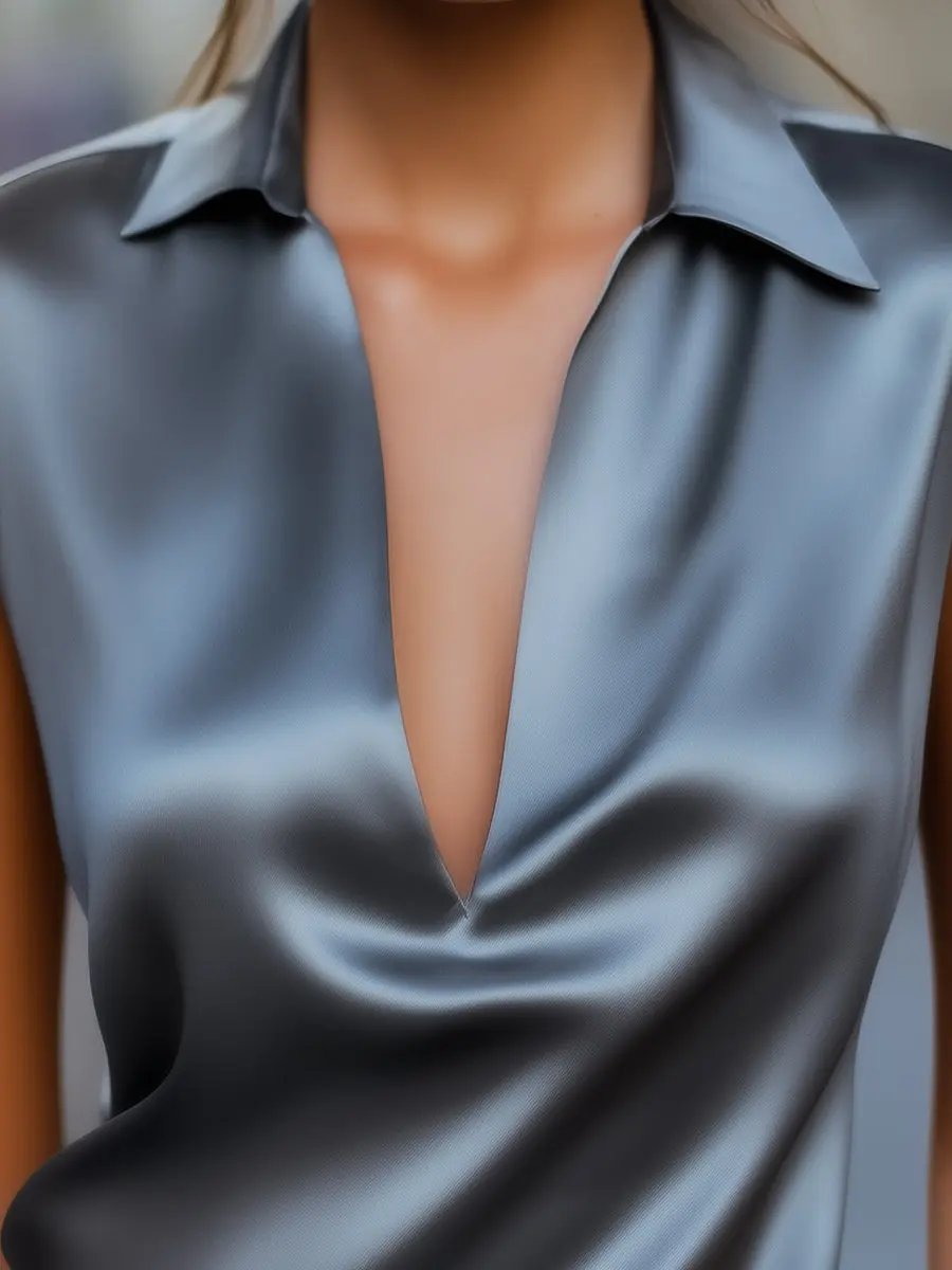 Sleek Gray Satin Plunge V‑Neck - Blouse CAAYWORLD