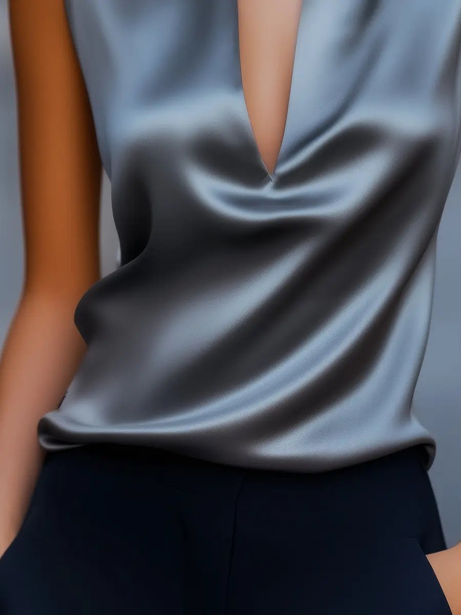 Sleek Gray Satin Plunge V‑Neck - Blouse CASA LARO