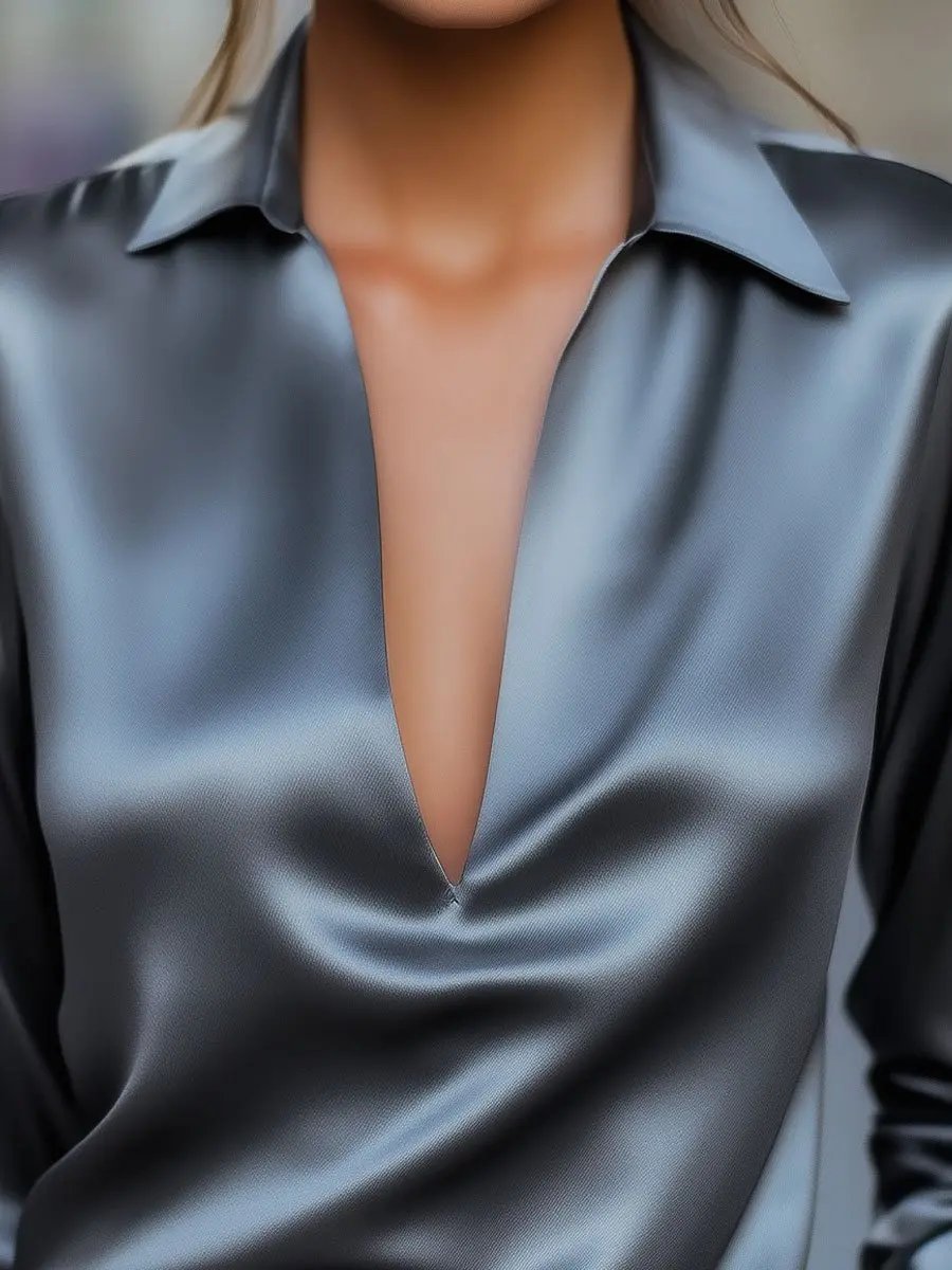Sleek Silver Satin Plunge V-Neck - Blouse CASA LARO