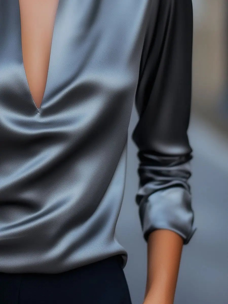 Sleek Silver Satin Plunge V-Neck - Blouse CASA LARO