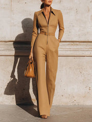 Sleek Tailored Zip-Front Camel - Jumpsuit CASA LARO